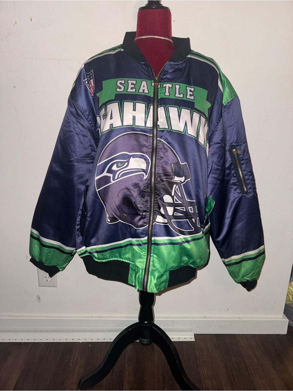 NFL Seattle Seahawks Navy & Green Satin Bomber Jacket